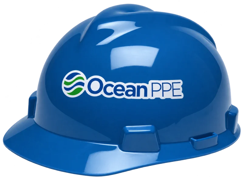 Blue safety helmet with OceanPPE logo