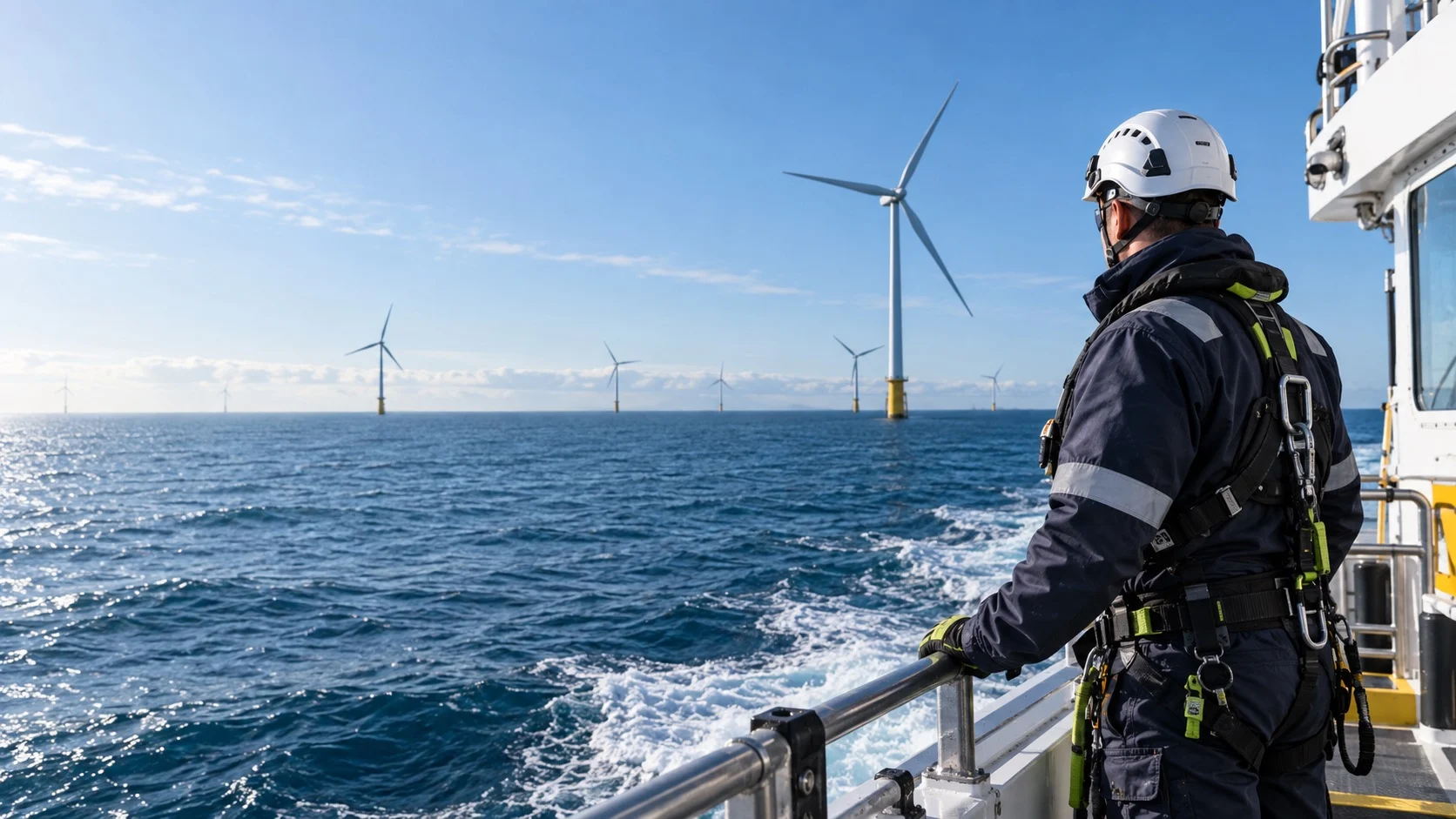 Illustrative offshore technician looking towards wind turbines