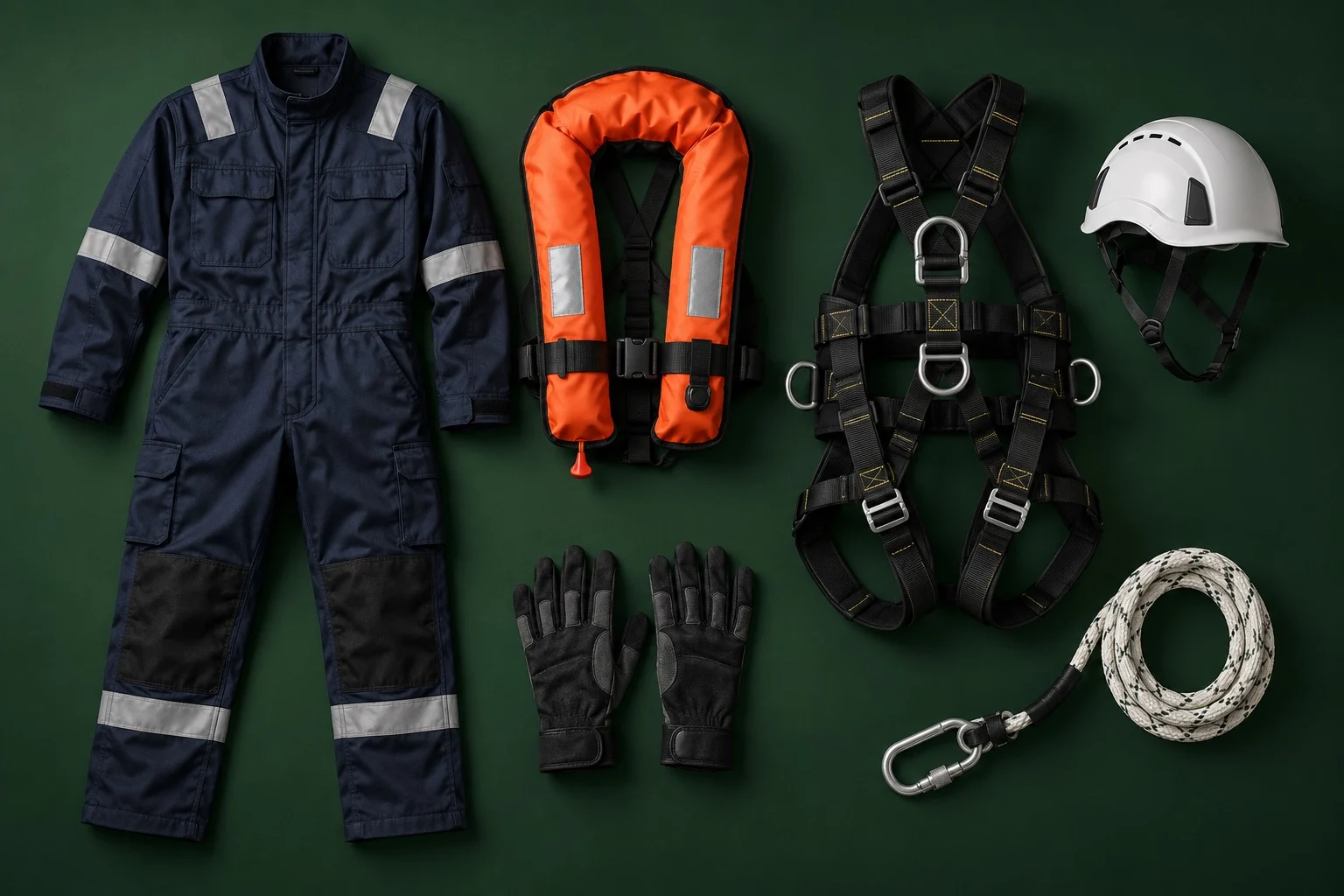Illustrative collection of offshore protective equipment; not actual product photography