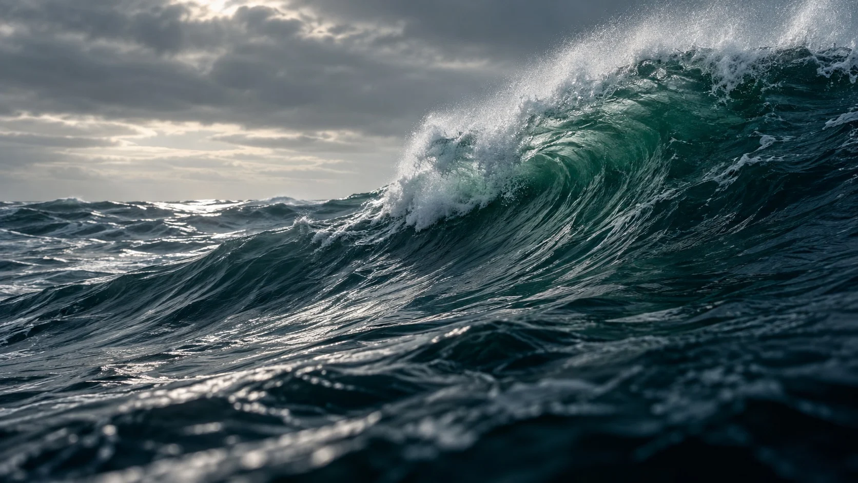 Illustrative ocean wave in deep green and navy