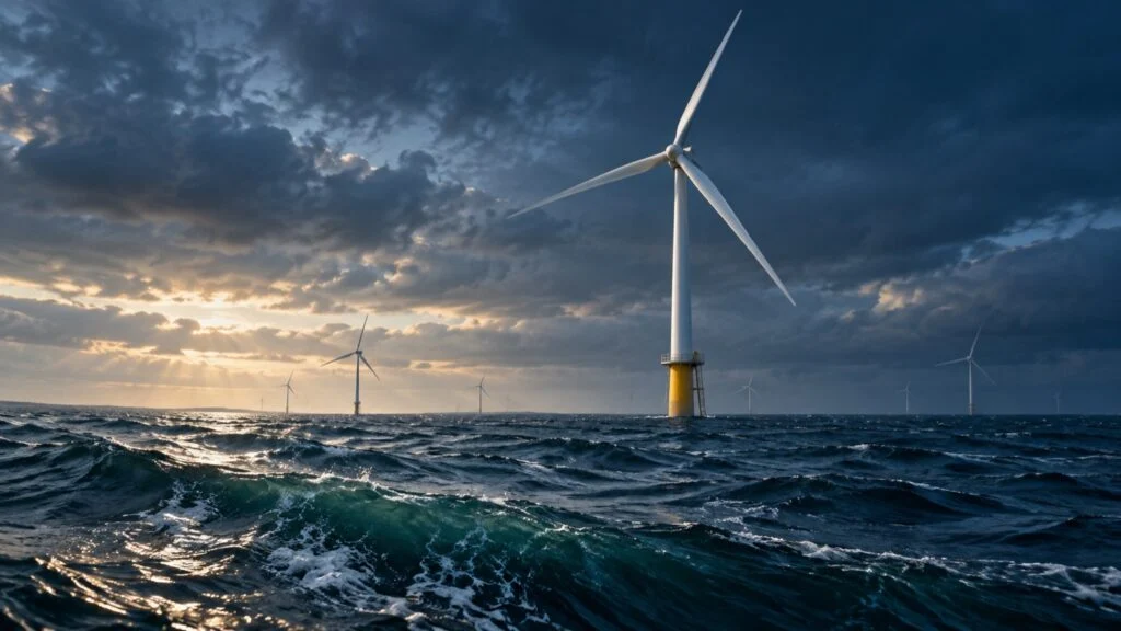 Illustrative offshore wind turbines above navy and emerald ocean waves at dawn